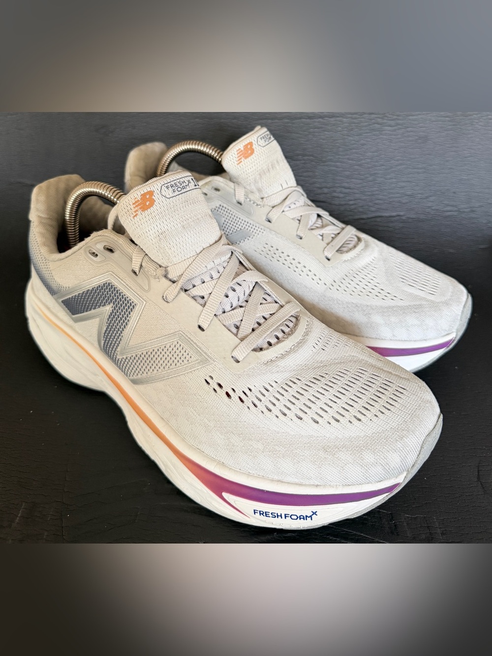 New Balance Women’s Athletic Sneakers — Light Gray with Purple & Orange Accents